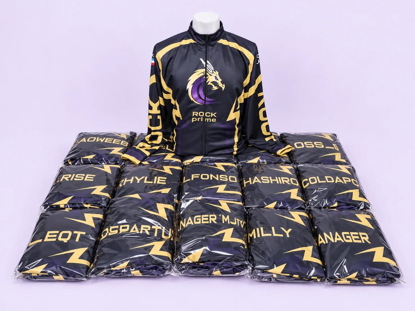 Black and gold darts long sleeve — bulk order, pale-lilac studio treatment