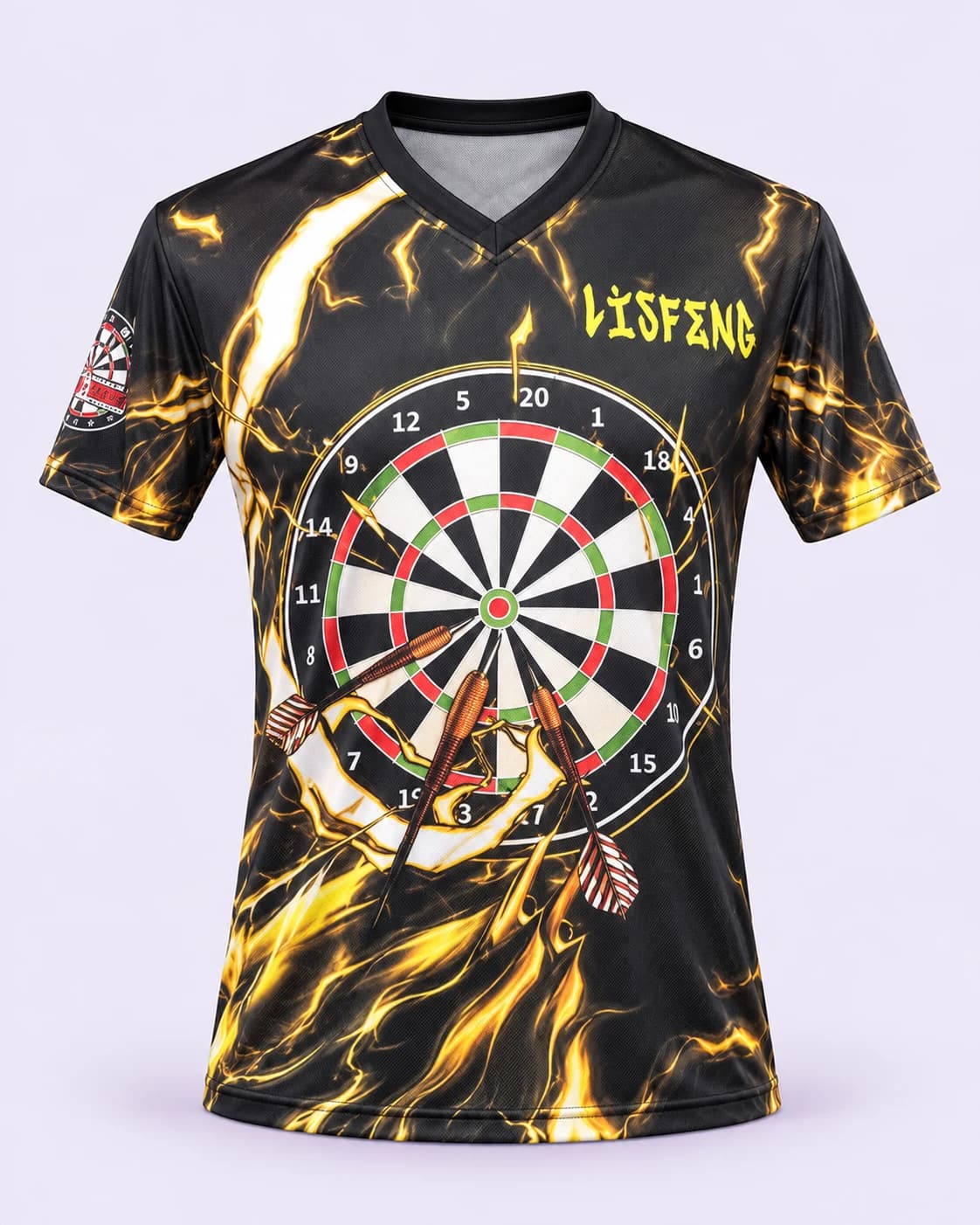 Black and gold darts shirt — front, pale-lilac studio treatment