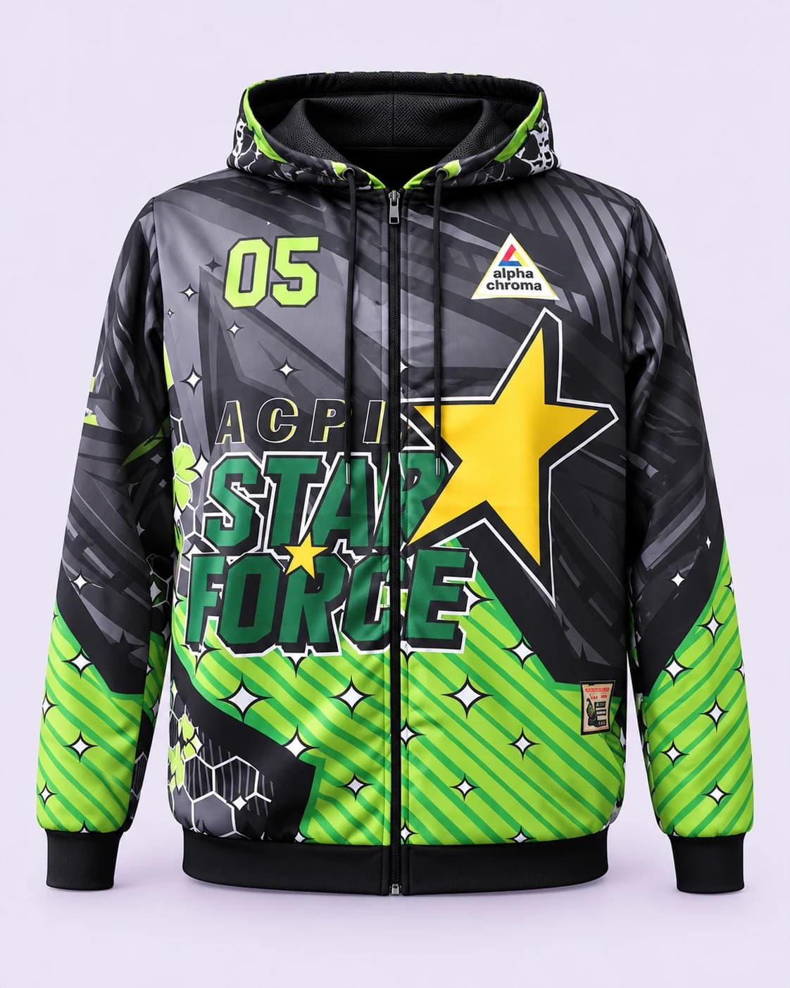 Black and green Eagle hooded jacket — front, pale-lilac studio treatment