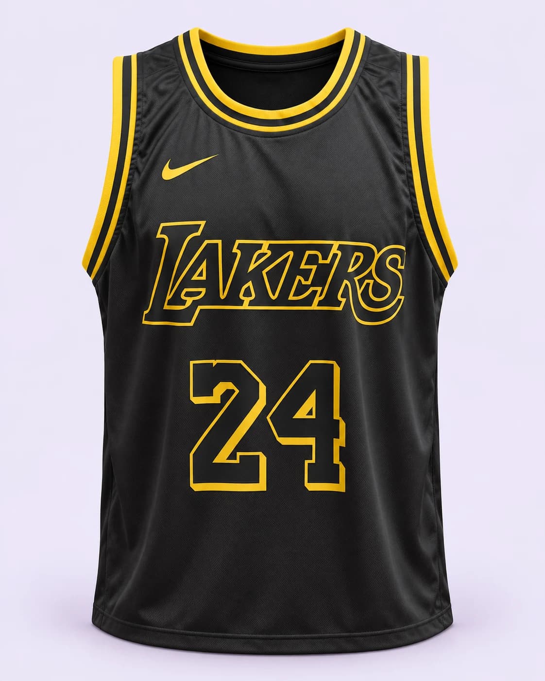 Black Lakers 24 jersey — front, pale-lilac studio treatment