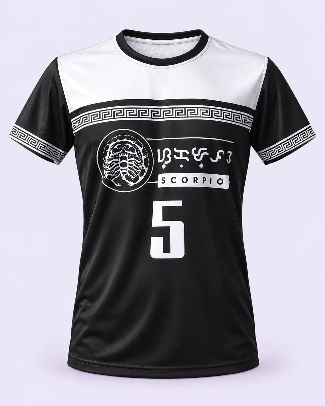 Black and white Scorpio numbered shirt — front, pale-lilac studio treatment