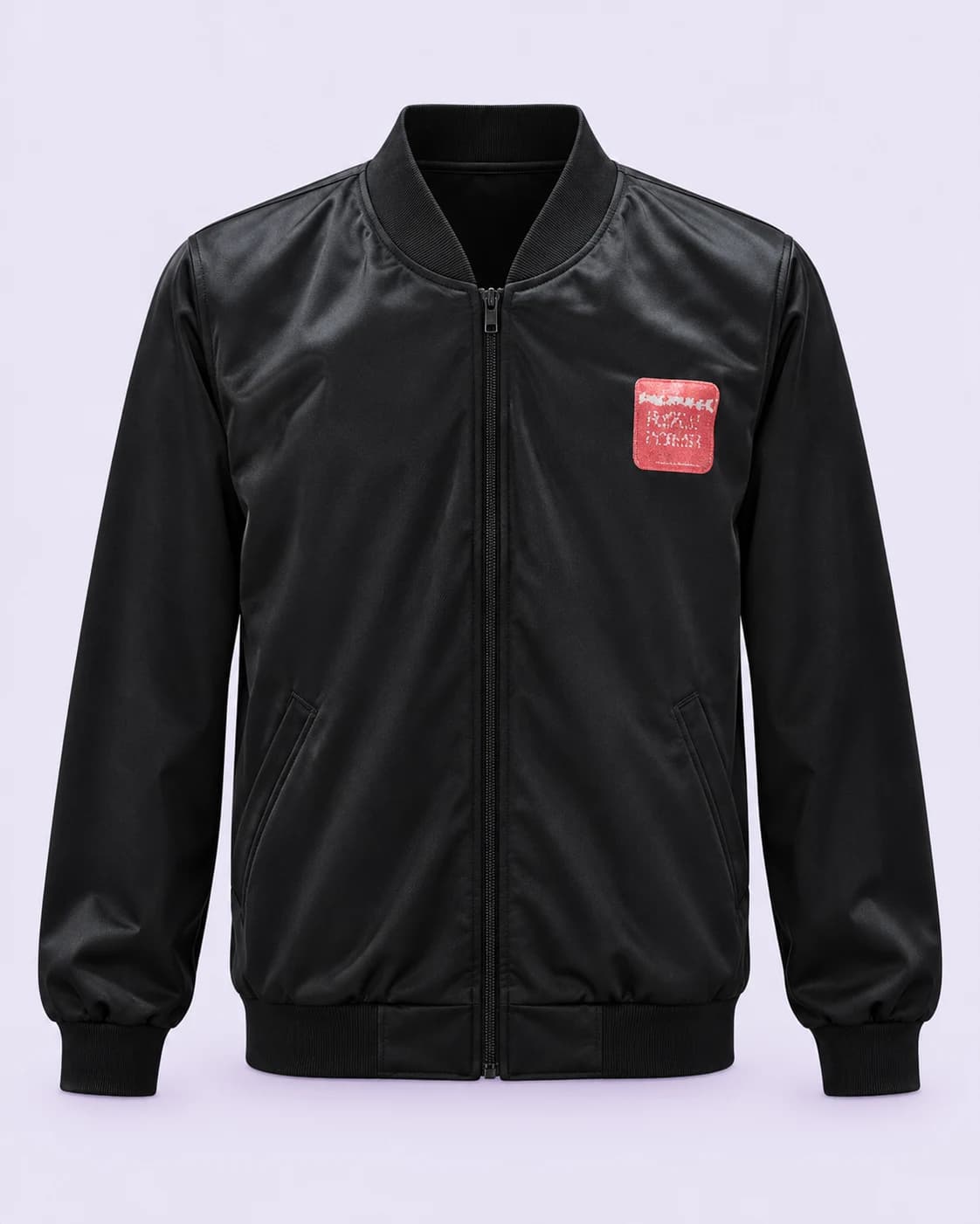 Black zip jacket — front, pale-lilac studio treatment