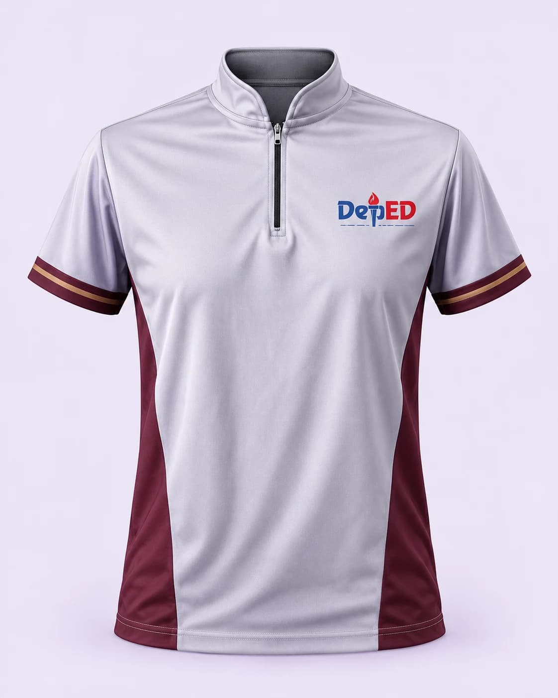 Gray DepEd polo — front, pale-lilac studio treatment