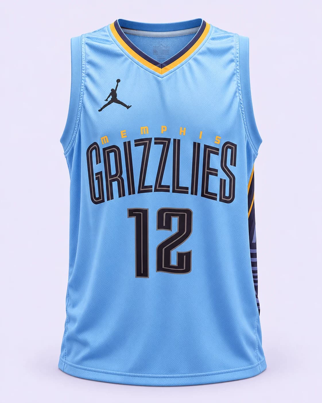 Light blue Grizzlies 12 jersey — front, pale-lilac studio treatment