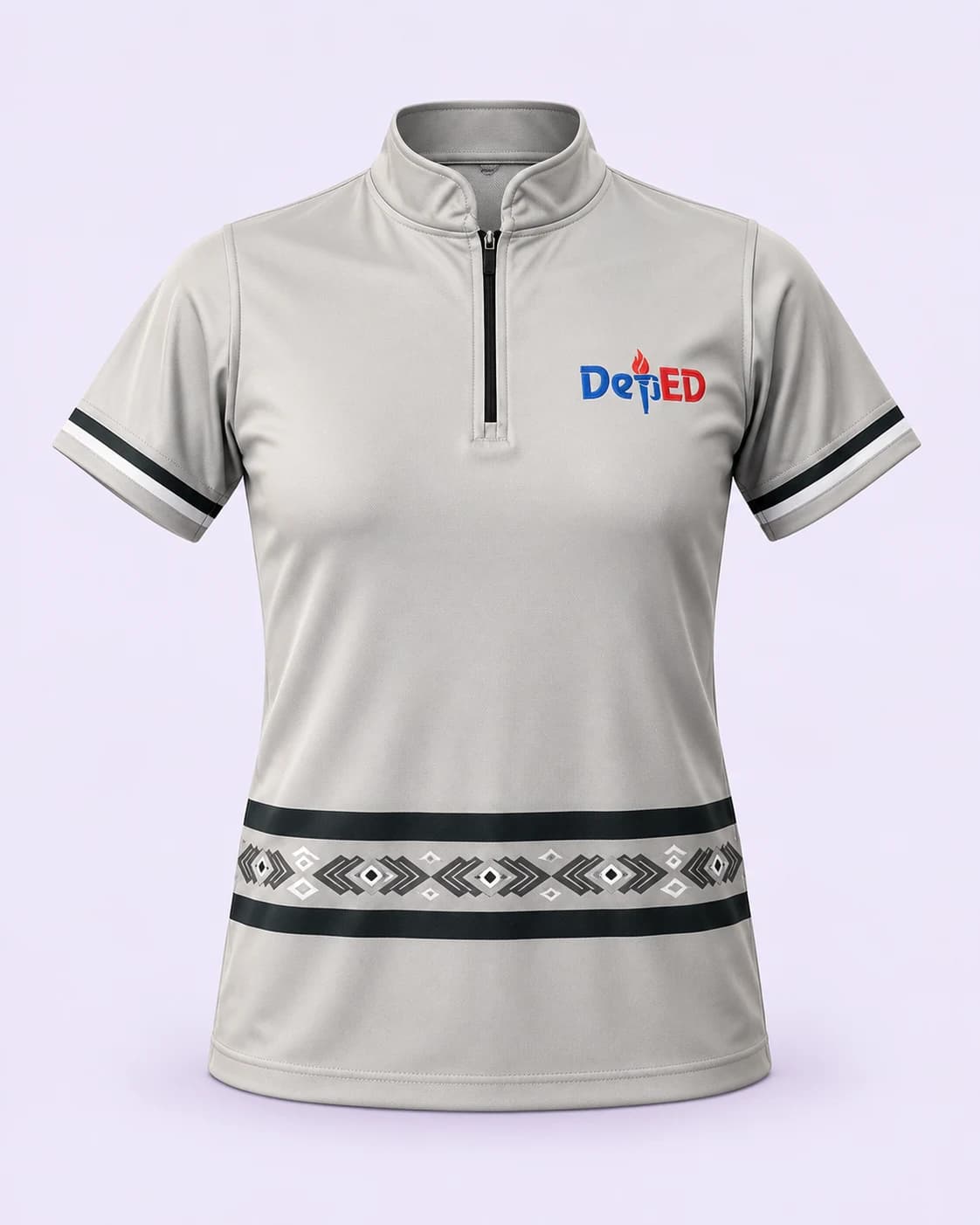 Light gray patterned polo — front, pale-lilac studio treatment