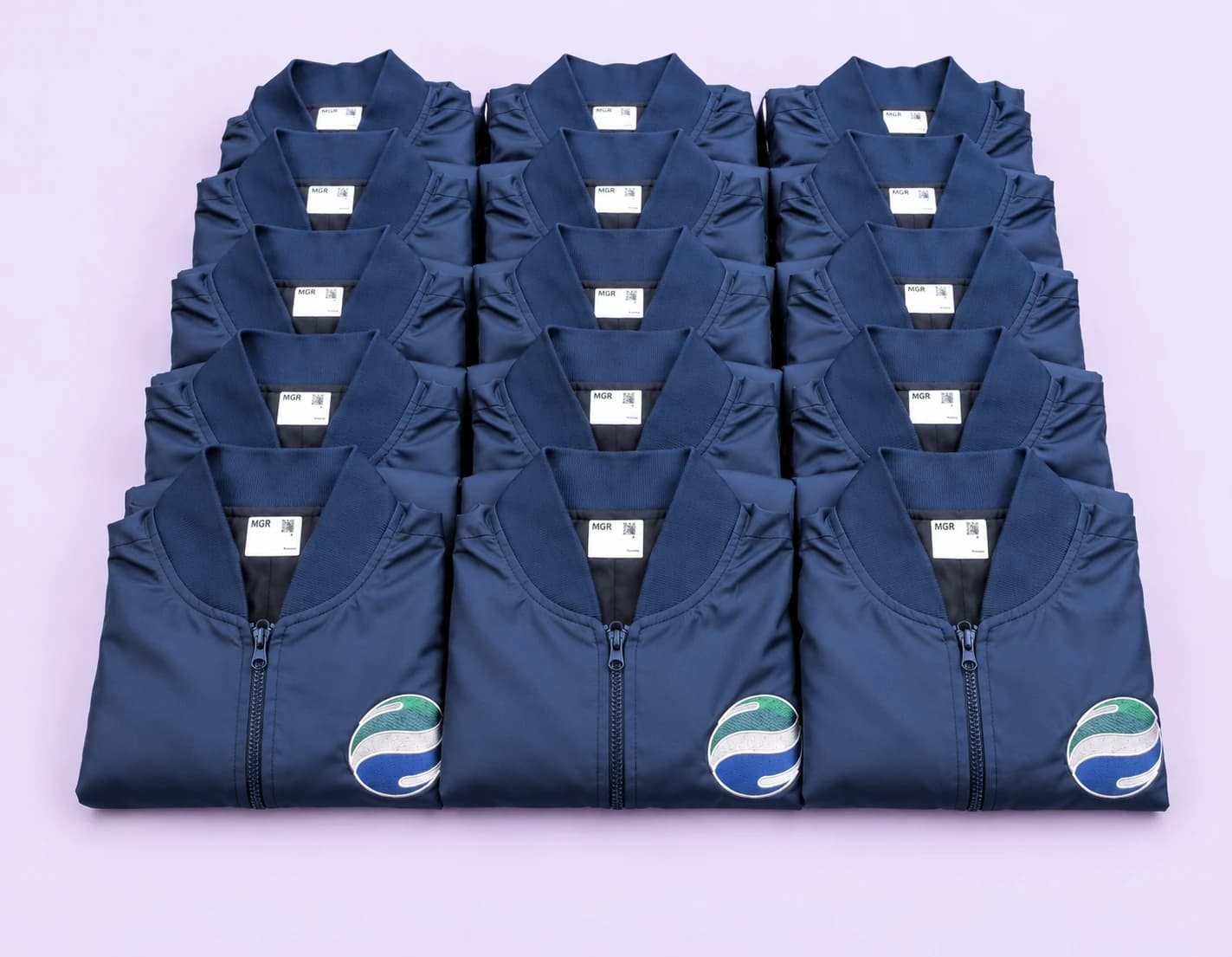 Navy company jacket — bulk order, pale-lilac studio treatment