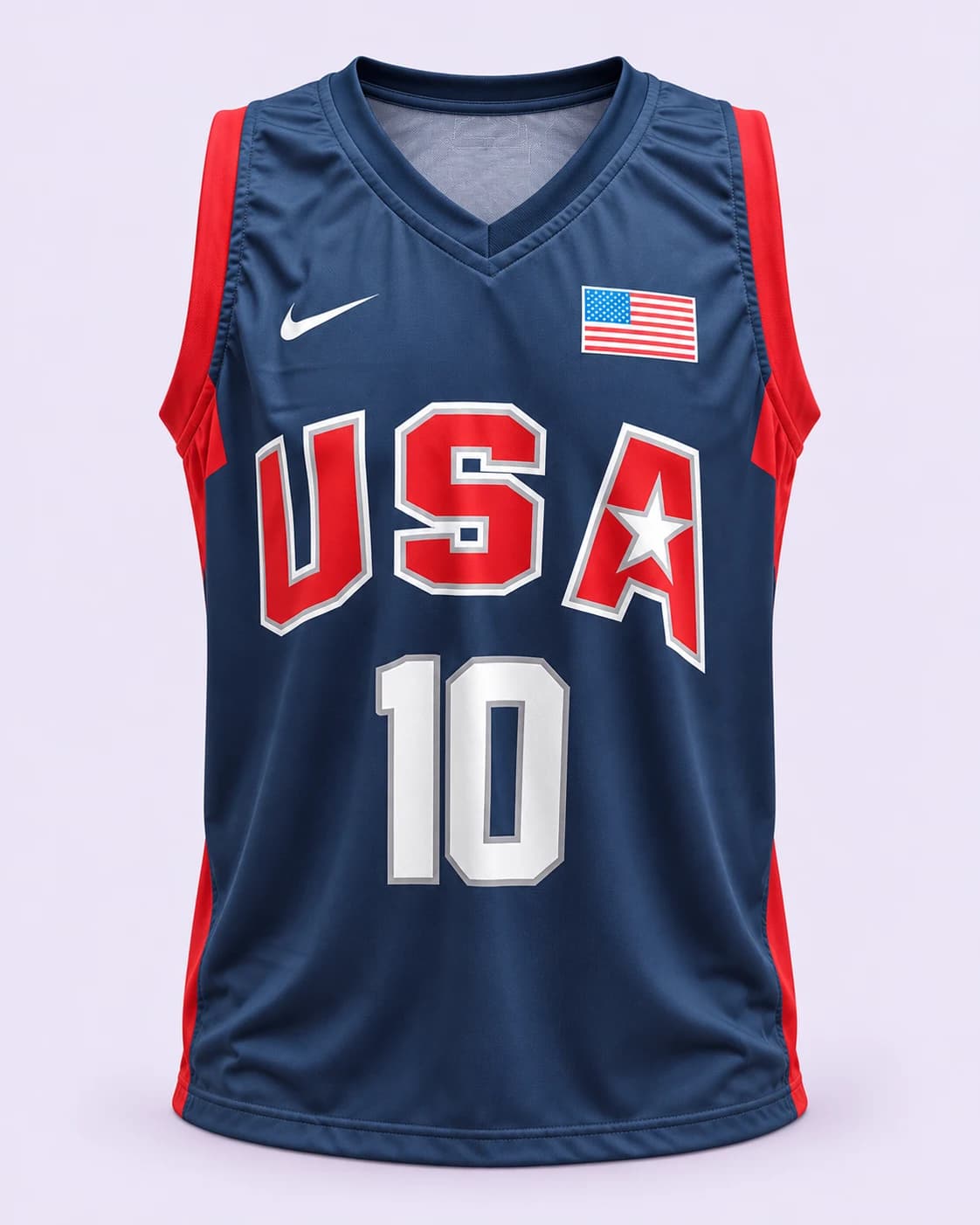 Navy USA 10 jersey — front, pale-lilac studio treatment