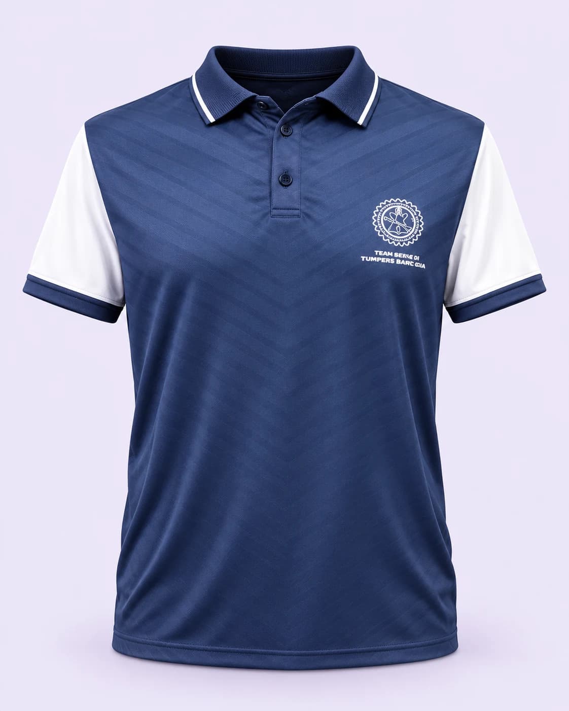 Navy and white organization polo — front, pale-lilac studio treatment