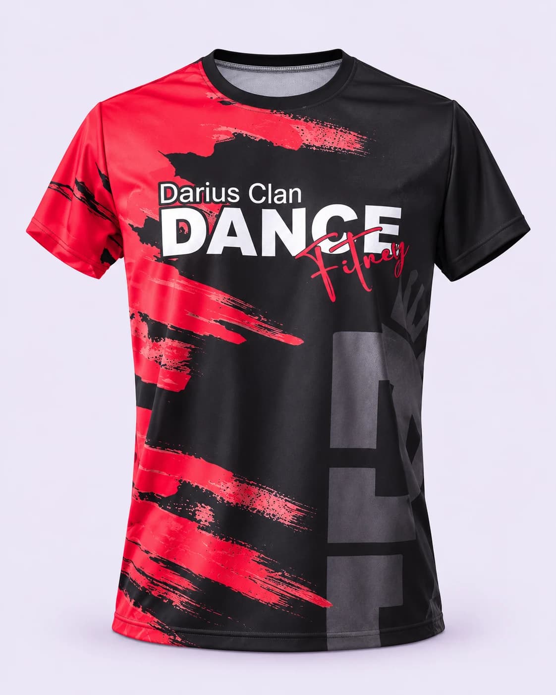 Red and black dance shirt — front, pale-lilac studio treatment