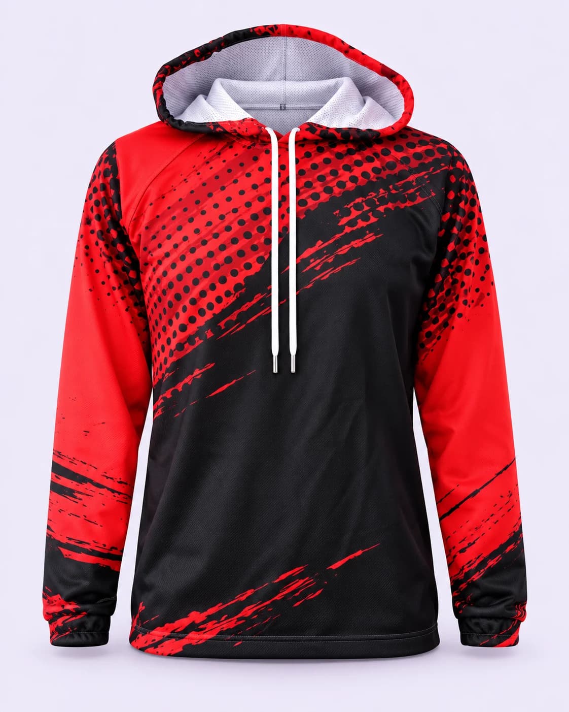 Red and black personalized hoodie — front, pale-lilac studio treatment