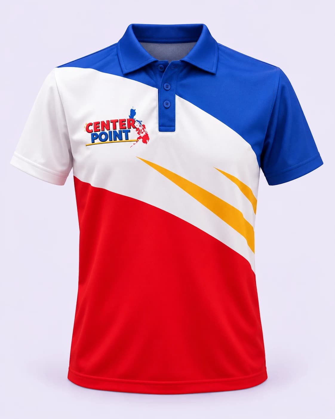 Red white and blue Center Point polo — front, pale-lilac studio treatment
