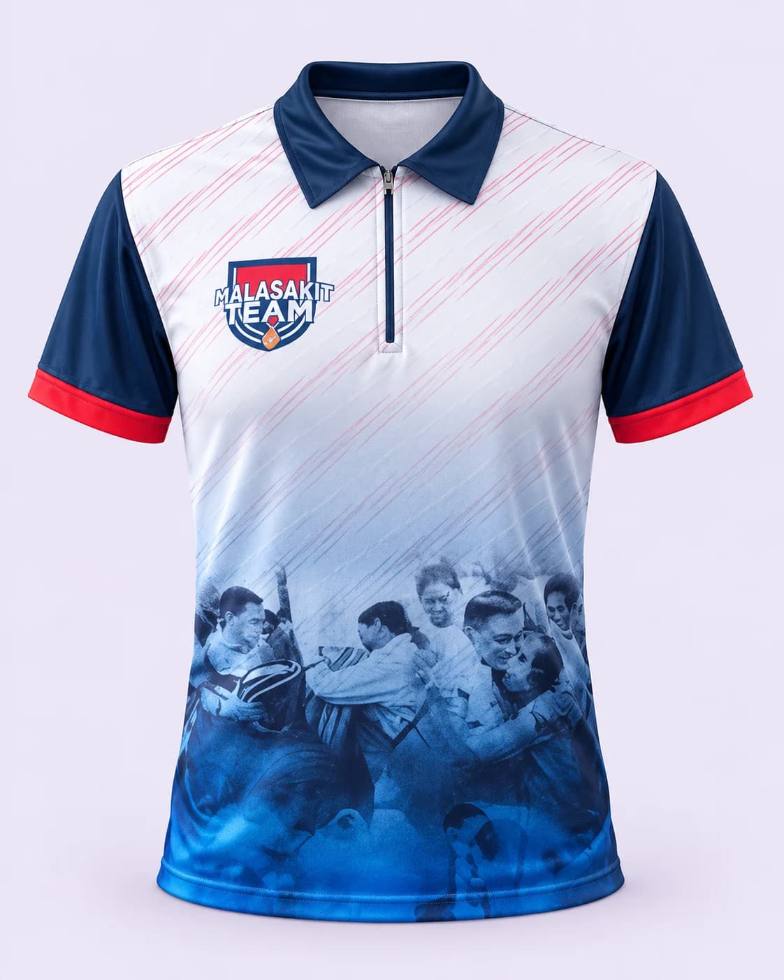 White multicolor campaign polo — front, pale-lilac studio treatment