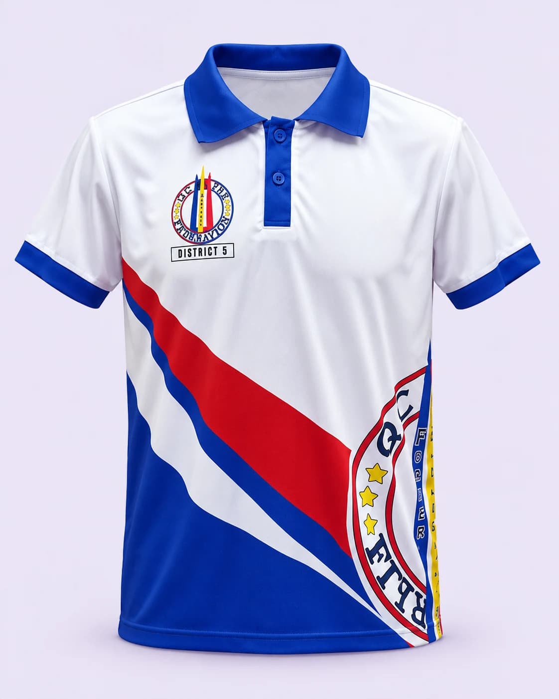 White red and blue organization polo — front, pale-lilac studio treatment