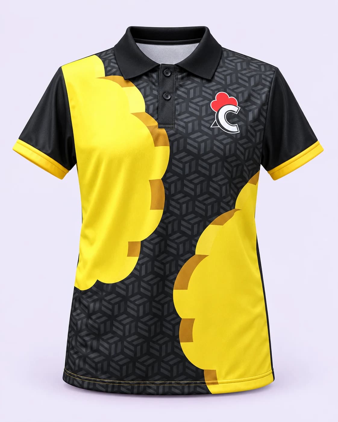 Yellow and black Crunch polo — front, pale-lilac studio treatment