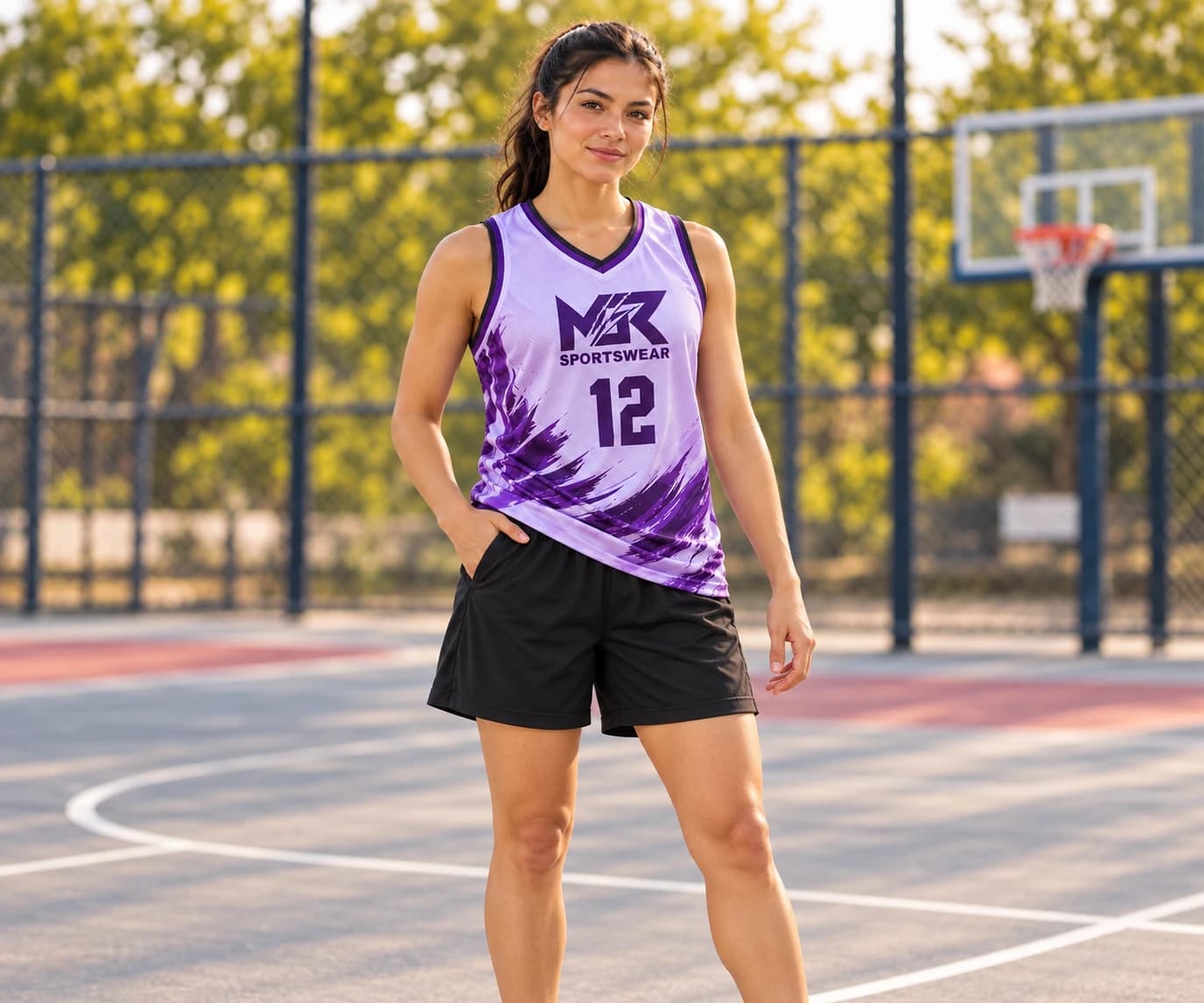 Female basketball athlete wearing a lilac MGR Sportswear number 12 jersey and black basketball shorts on an outdoor court.